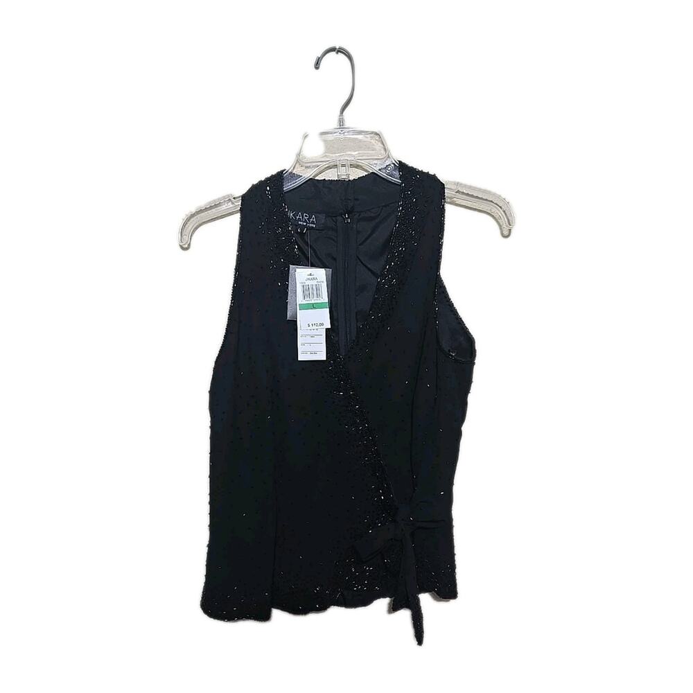 NWT Vtg J Kara Black Beaded Side Tie Formal Wrap Tank Top Womans Size Large